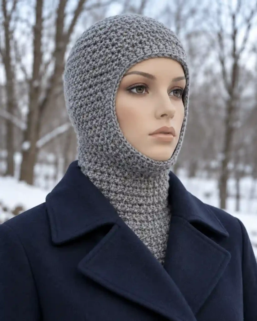 Handmade warm winter crochet balaclava with neck coverage with visible crochet stitches, photographed for a crochet balaclava ideas guide.