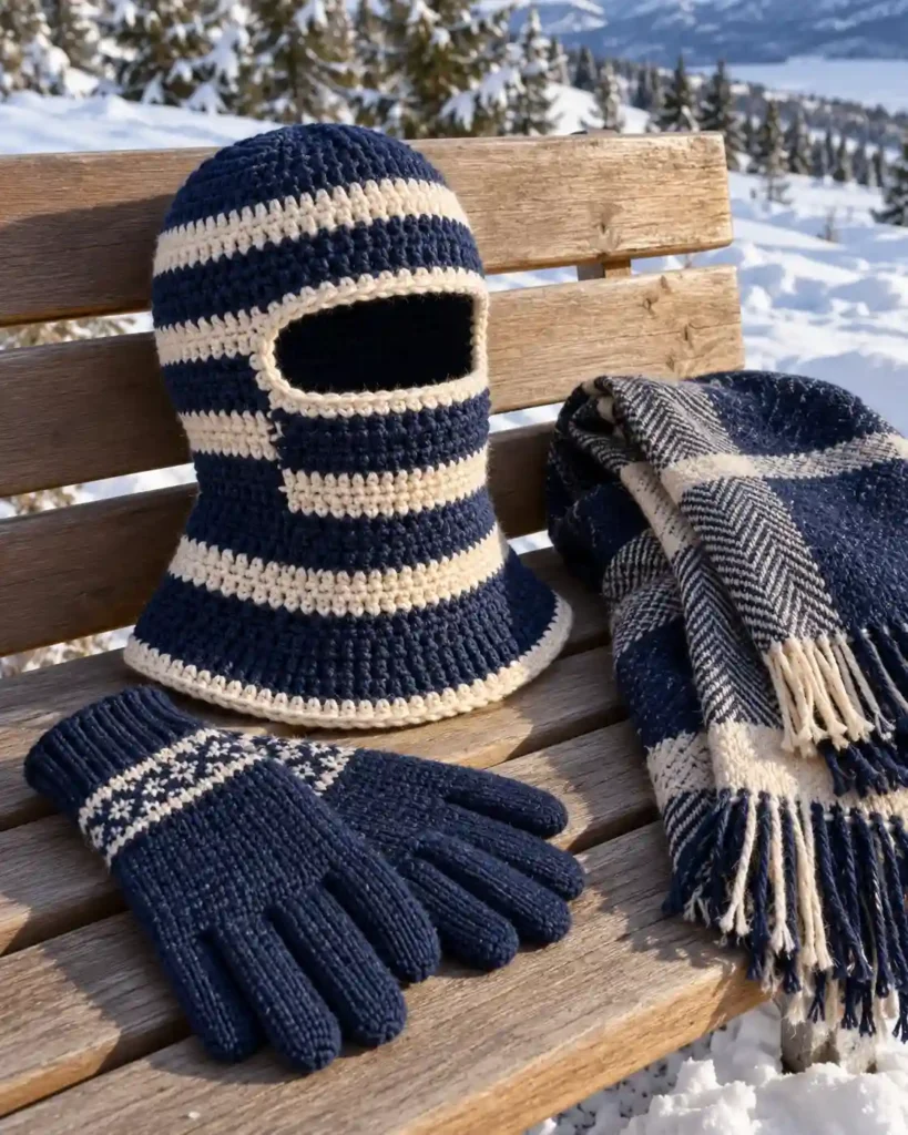 Handmade ski-mask-inspired crochet balaclava with visible crochet stitches, photographed for a crochet balaclava ideas guide.