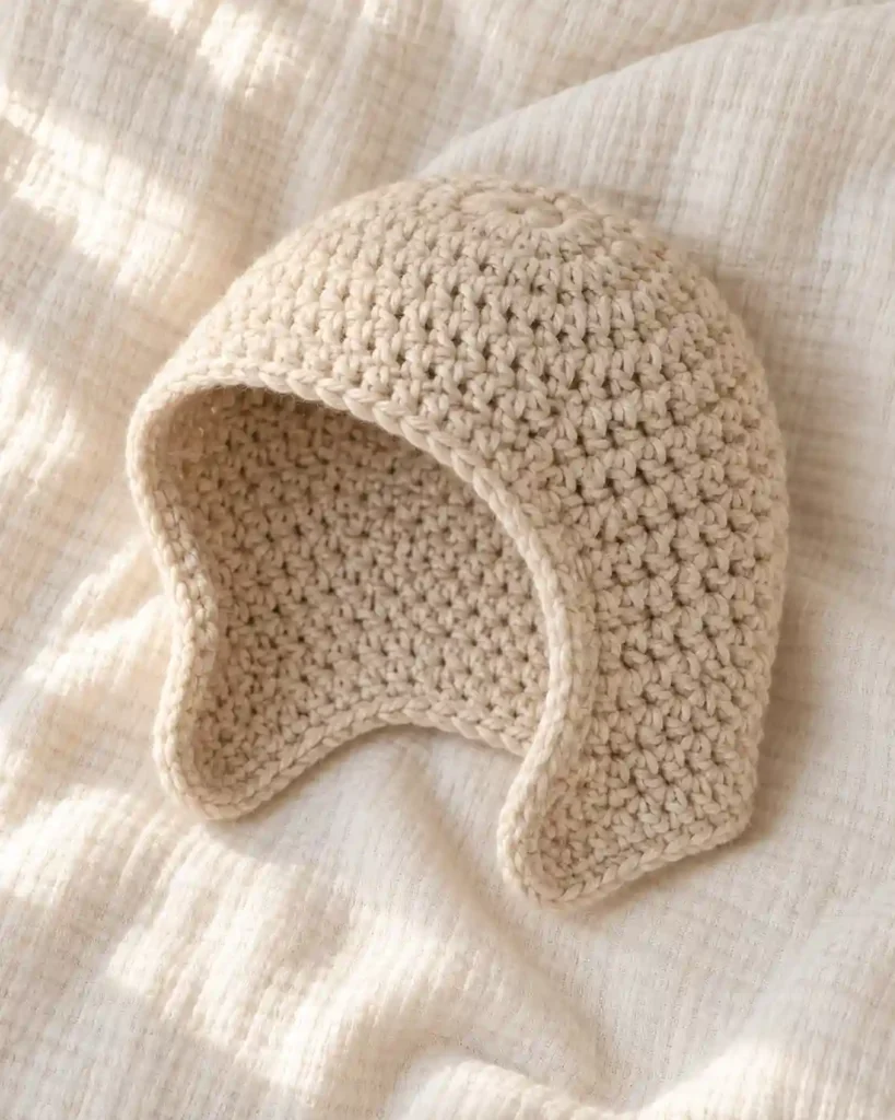 Handmade open-face crochet balaclava for babies with visible crochet stitches, photographed for a crochet balaclava ideas guide.