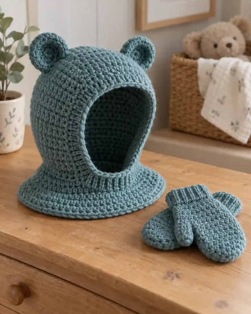Handmade open-face toddler crochet balaclava with visible crochet stitches, photographed for a crochet balaclava ideas guide.
