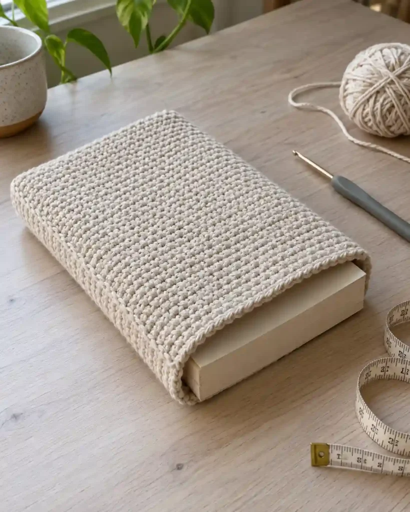 Handmade simple single-panel book sleeve photographed with visible crochet texture and a book.