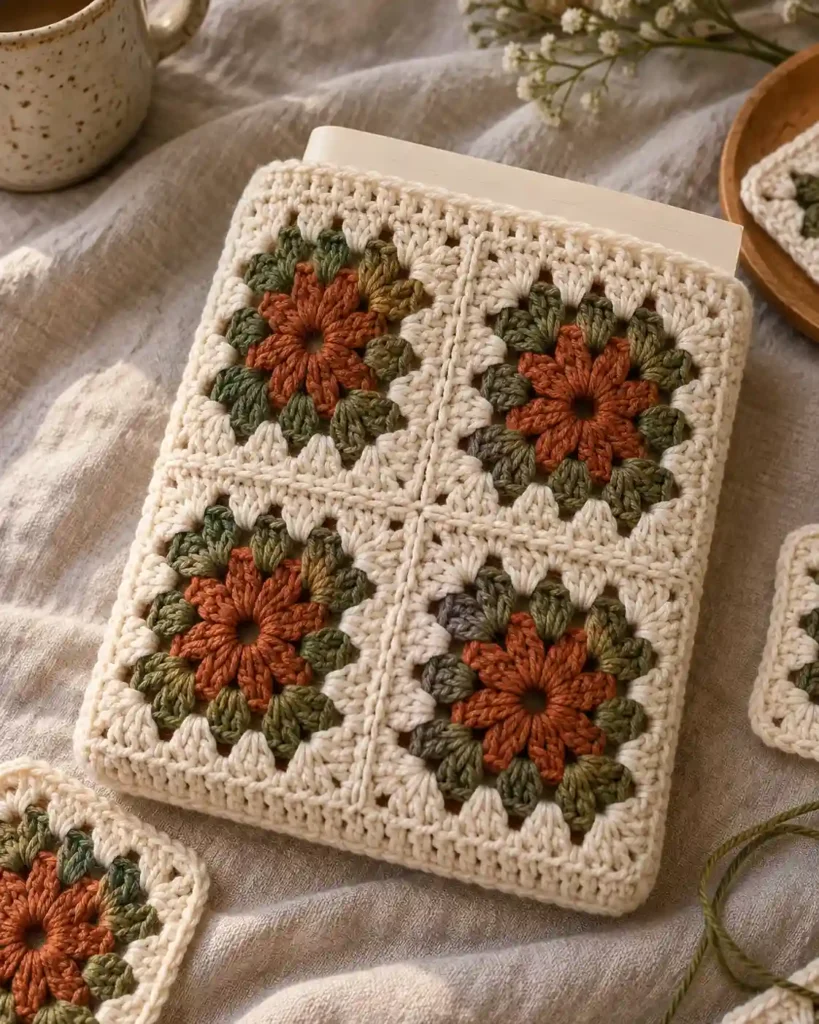 Handmade sturdy two-panel book sleeve photographed with visible crochet texture and a book.