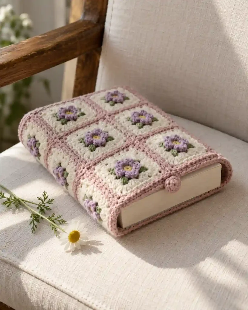 Handmade classic granny square book sleeve photographed with visible crochet texture and a book.
