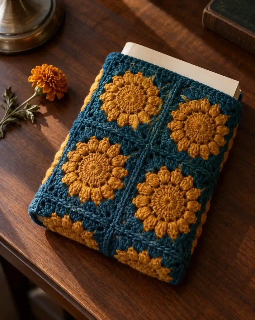Handmade sunburst granny square book sleeve photographed with visible crochet texture and a book.