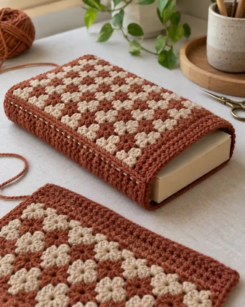 Handmade floral granny square book sleeve photographed with visible crochet texture and a book.