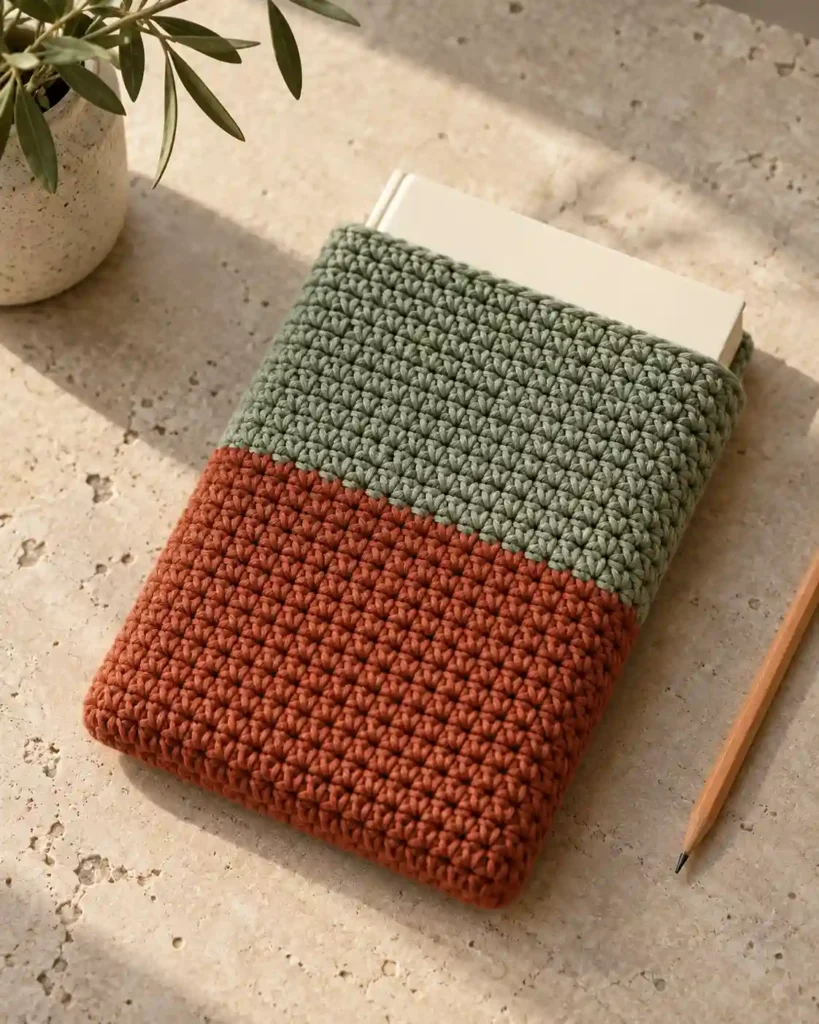 Handmade checkered book sleeve photographed with visible crochet texture and a book.