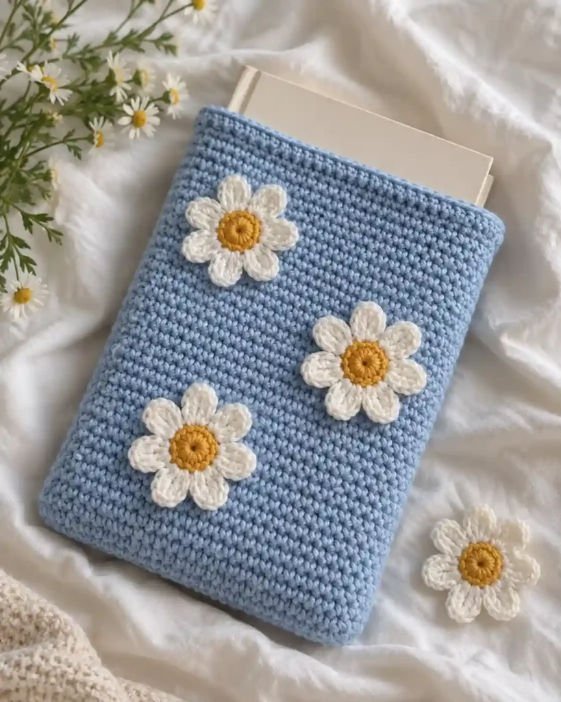 Handmade scrap-yarn striped book sleeve photographed with visible crochet texture and a book.