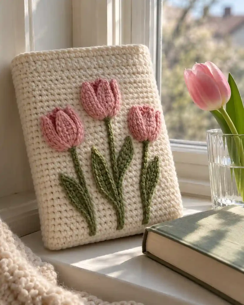 Handmade two-tone colorblock book sleeve photographed with visible crochet texture and a book.