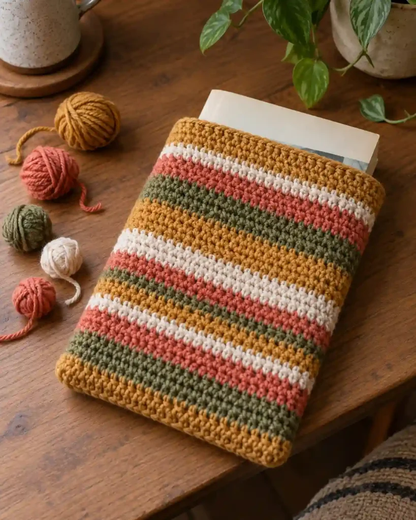 Handmade tulip motif book sleeve photographed with visible crochet texture and a book.