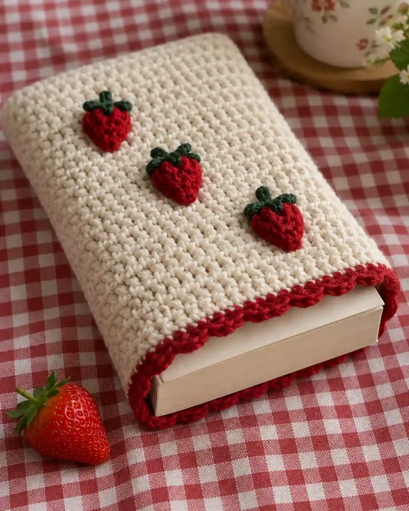 Handmade strawberry appliqué book sleeve photographed with visible crochet texture and a book.