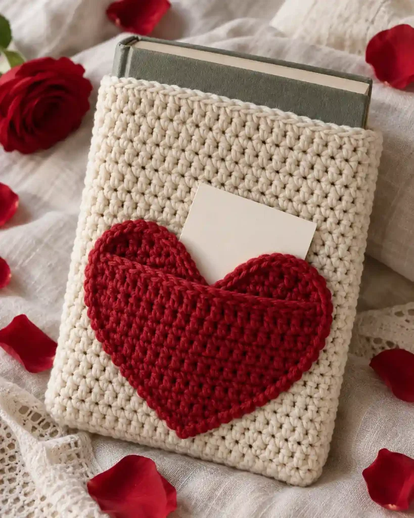 Handmade butterfly motif book sleeve photographed with visible crochet texture and a book.