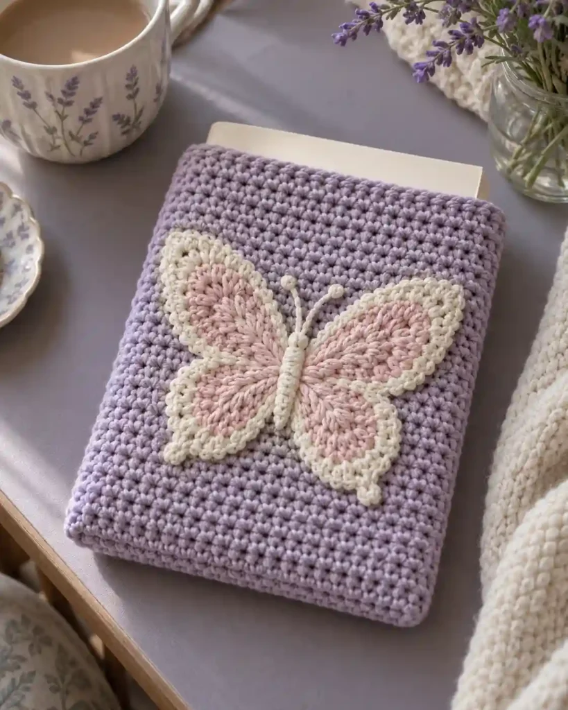 Handmade heart pocket book sleeve photographed with visible crochet texture and a book.