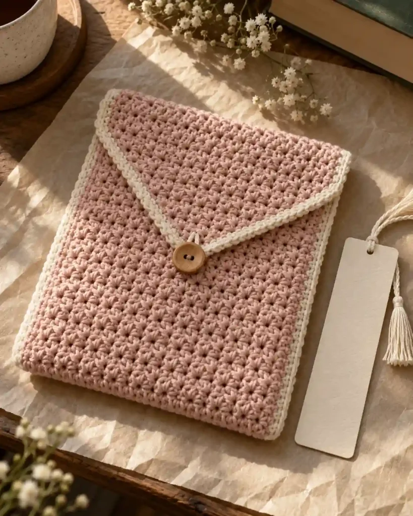 Handmade love letter envelope book sleeve photographed with visible crochet texture and a book.
