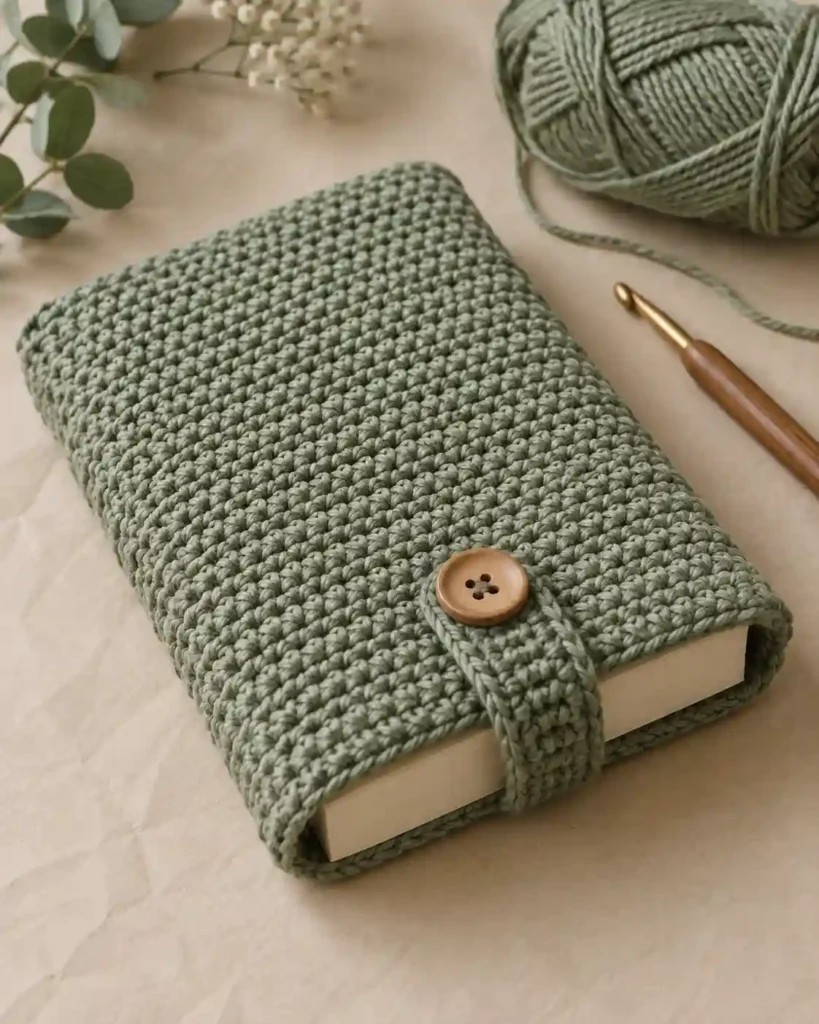 Handmade button-closure book sleeve photographed with visible crochet texture and a book.