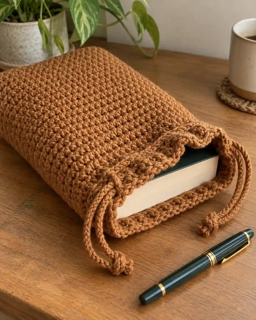 Handmade drawstring book pouch photographed with visible crochet texture and a book.