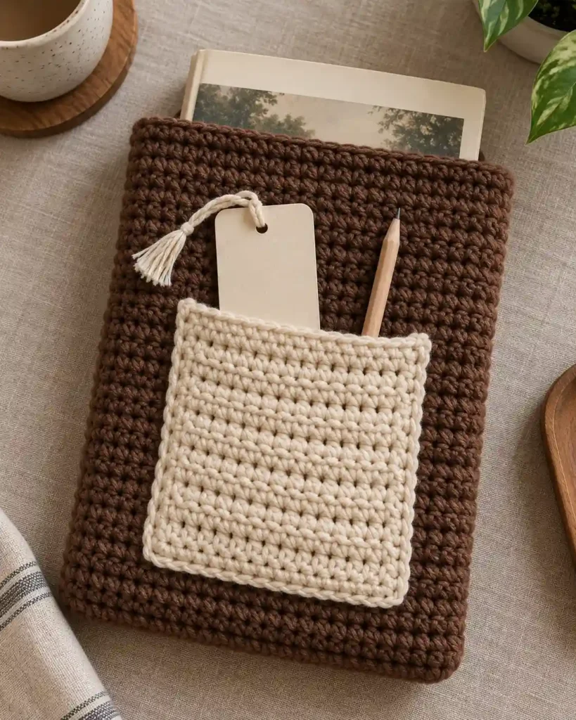 Handmade front-pocket book sleeve photographed with visible crochet texture and a book.