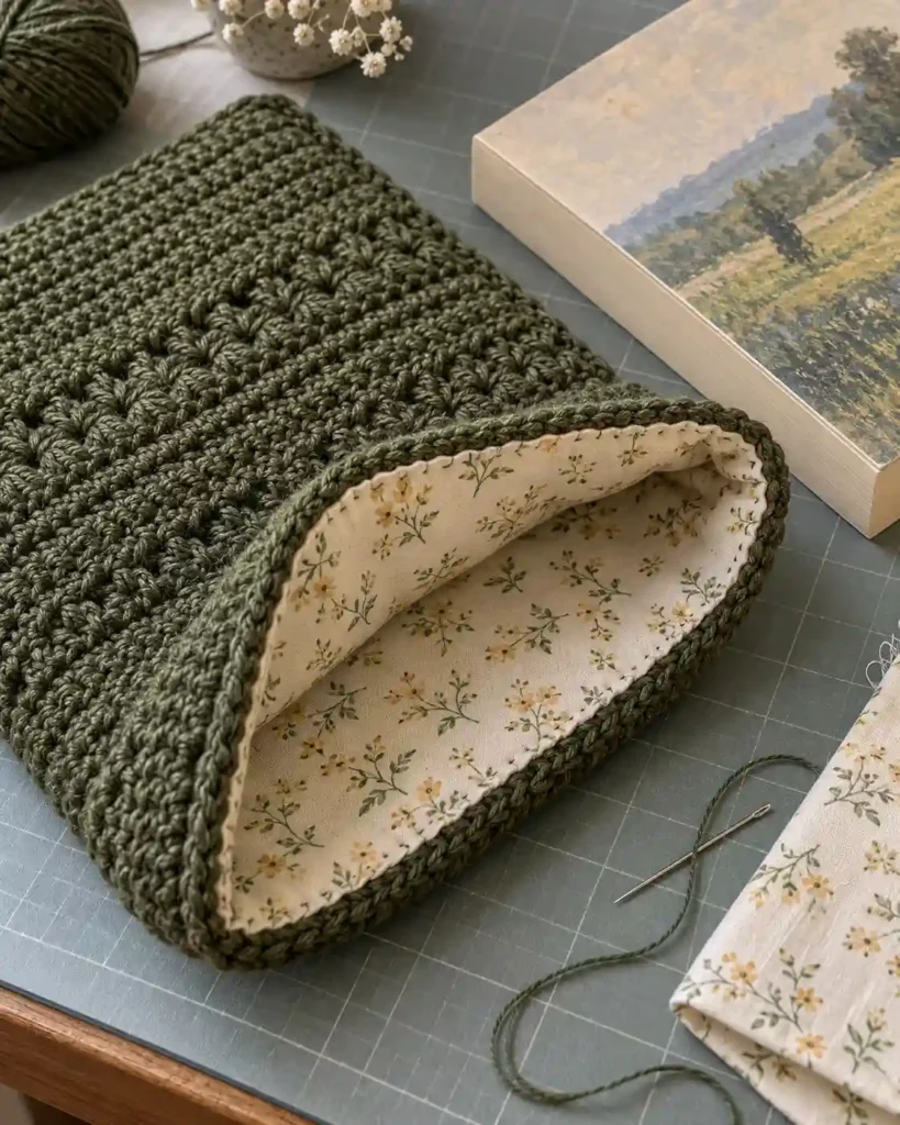 Handmade fabric-lined book sleeve photographed with visible crochet texture and a book.