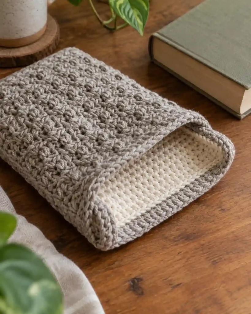Handmade double-layer book sleeve photographed with visible crochet texture and a book.
