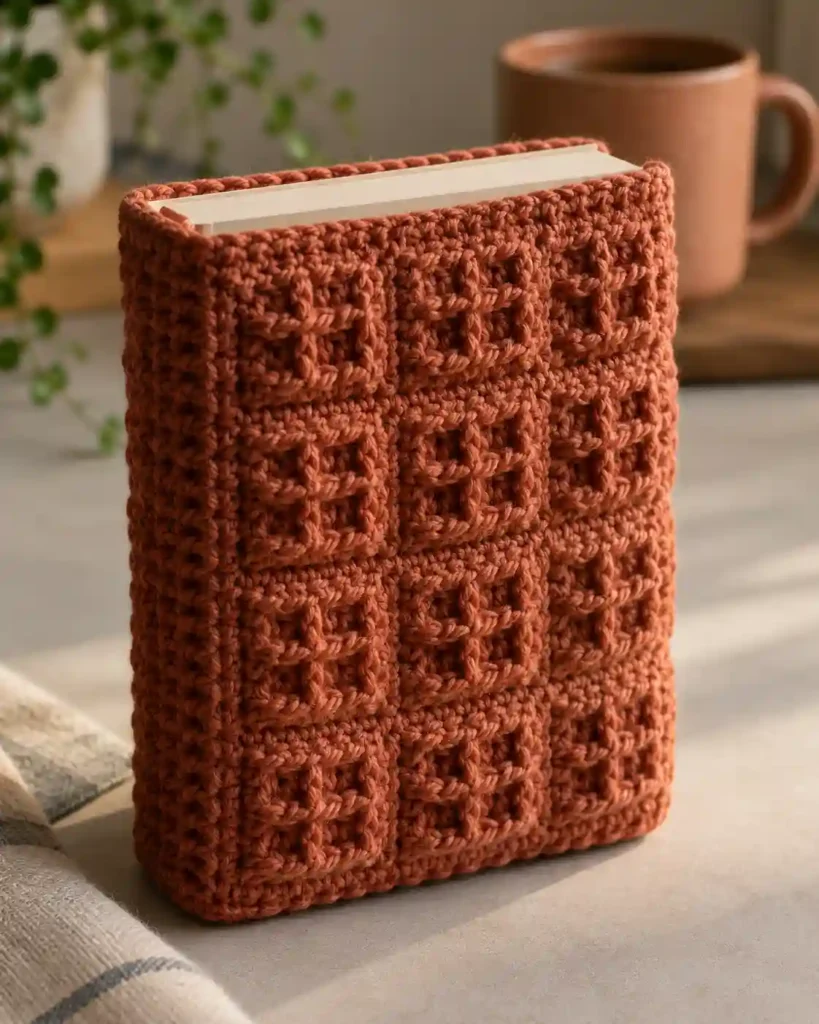 Handmade waffle-stitch book sleeve photographed with visible crochet texture and a book.