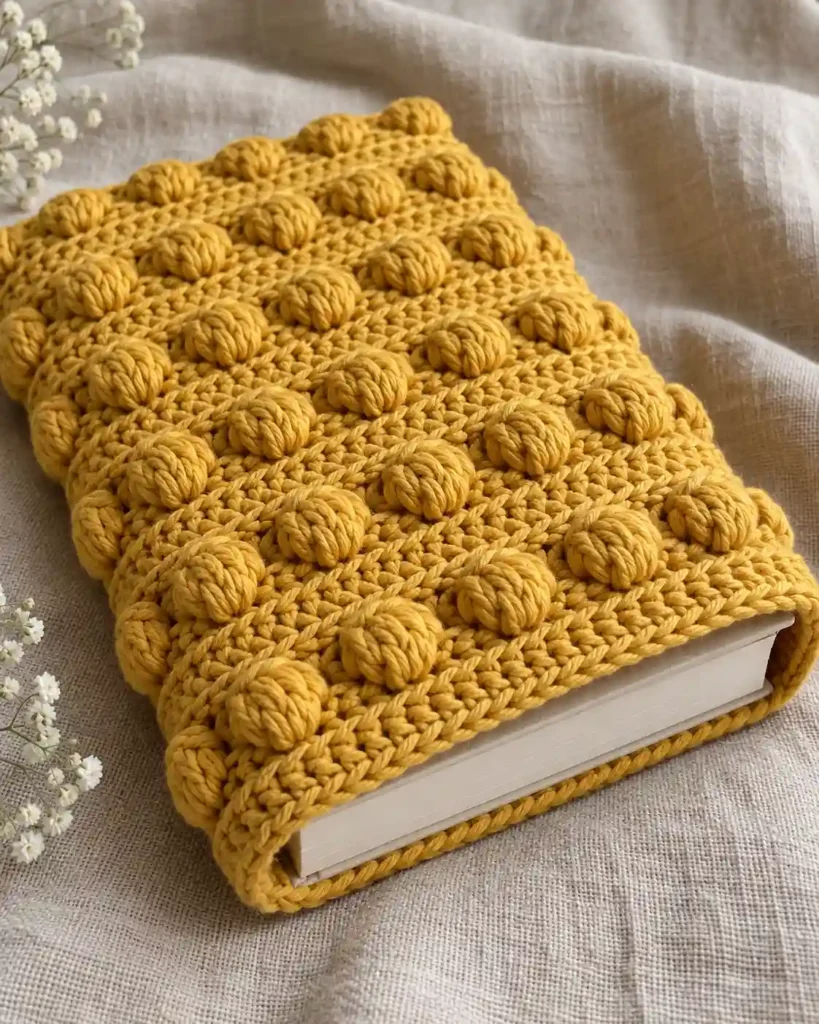 Handmade puff-stitch book sleeve photographed with visible crochet texture and a book.