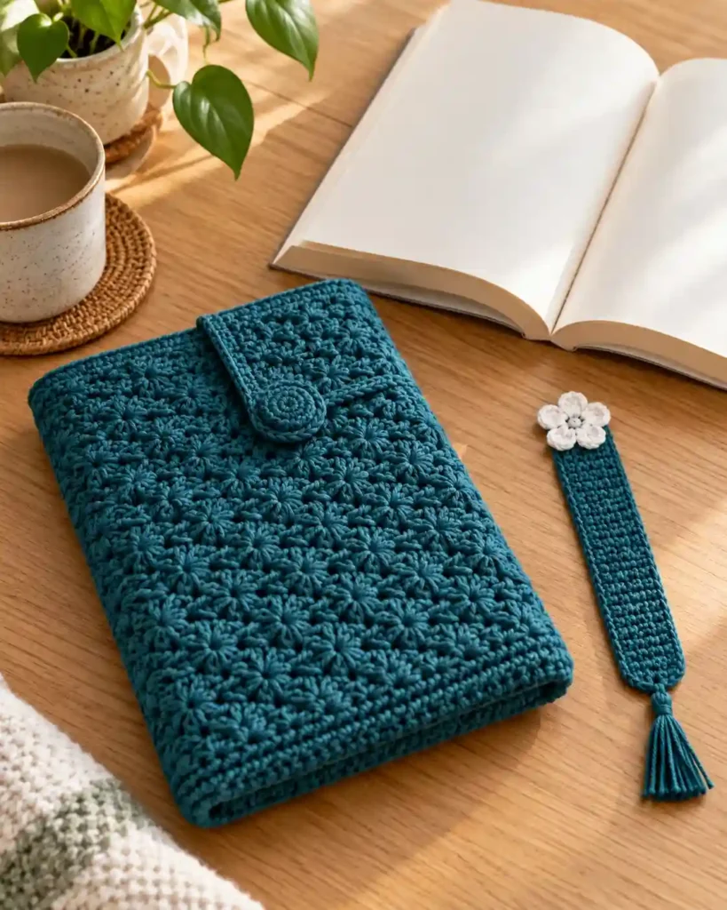 Handmade crochet kindle and e-reader sleeve photographed with visible crochet texture and a book.