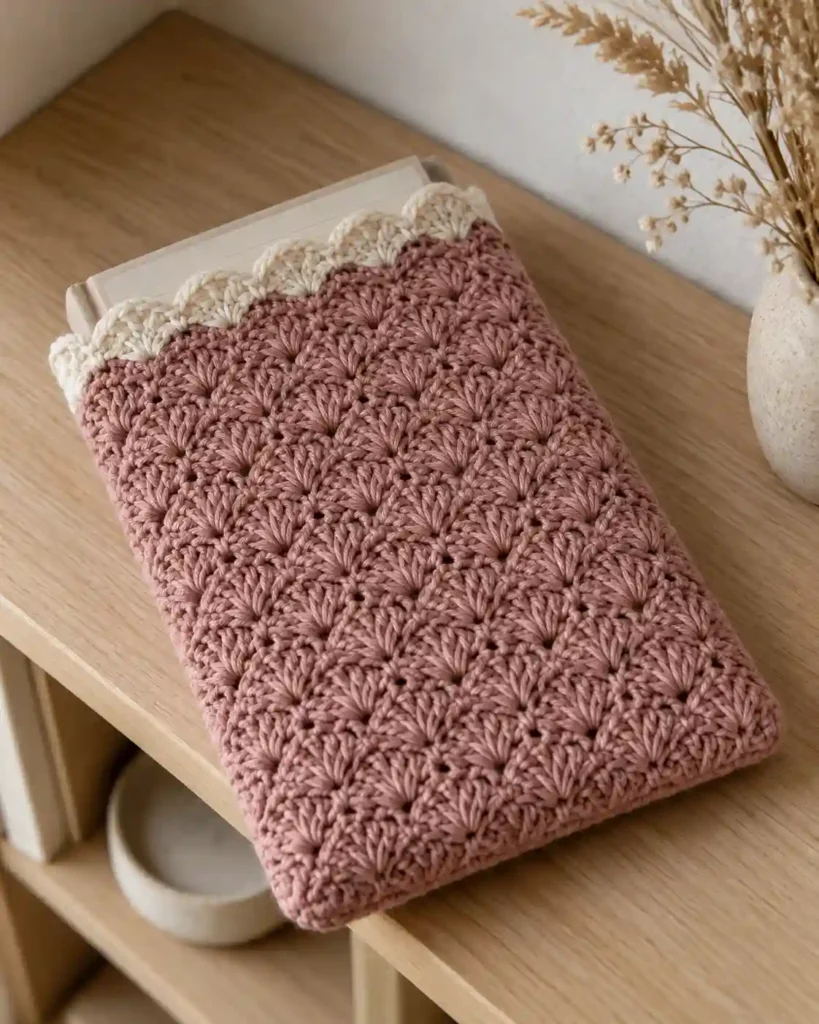 Handmade matching book sleeve and bookmark set photographed with visible crochet texture and a book.
