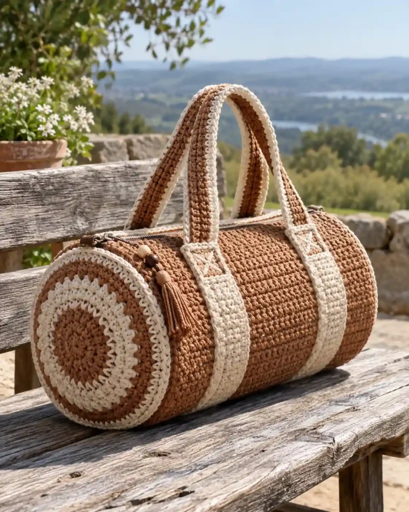 Classic Round Barrel Crochet Duffle Bag showing a medium-sized cinnamon and cream handmade crochet barrel duffle.