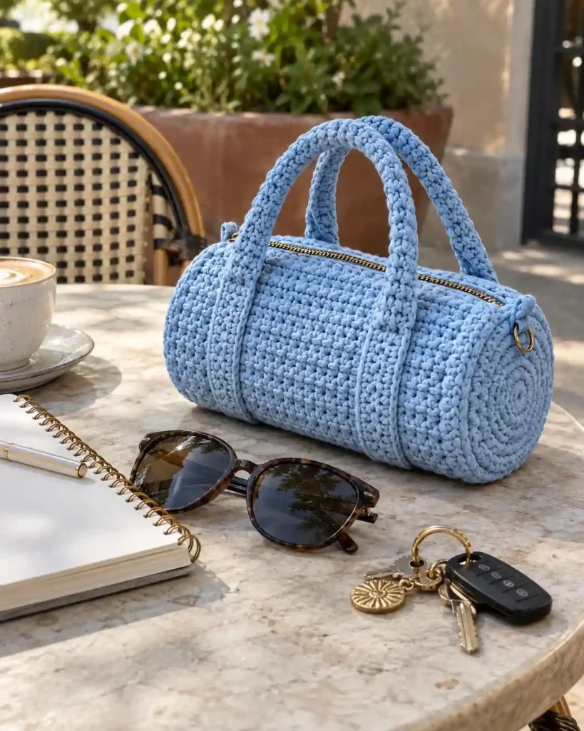 Mini Crochet Duffle Purse showing a petite sky-blue handmade crochet cylinder duffle purse.