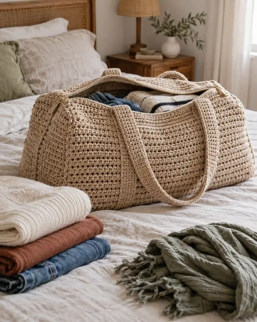 Oversized Crochet Weekender Bag showing a roomy oat-colored crocheted weekender duffle partly open beside neatly folded clothes and a scarf on a linen-covered bed.