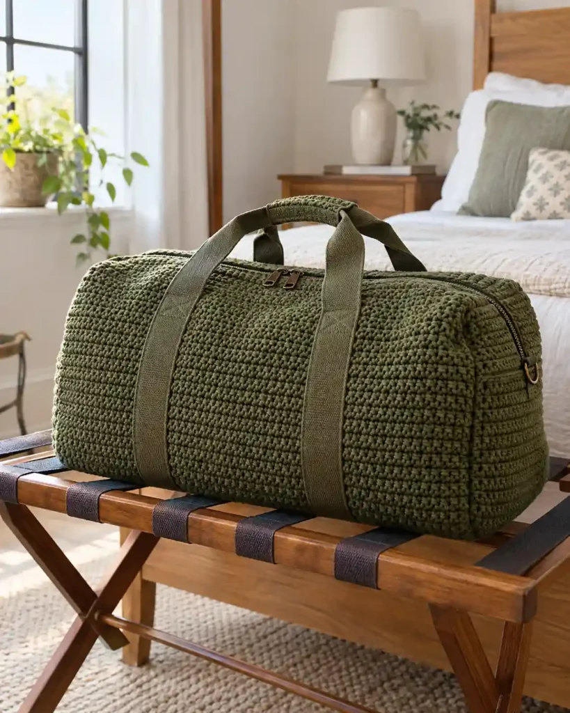 Travel-Ready Crochet Duffle With Durable Construction showing a deep olive crochet travel duffle with reinforced webbing handles and zip closure on a wooden luggage rack in a bright minimalist guest room..