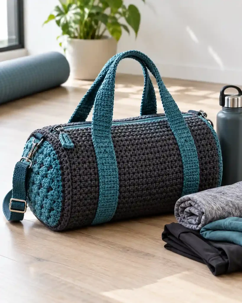 Compact Crochet Gym Bag showing a compact charcoal-and-teal crochet gym duffle beside rolled exercise clothing and a reusable water bottle in a bright.