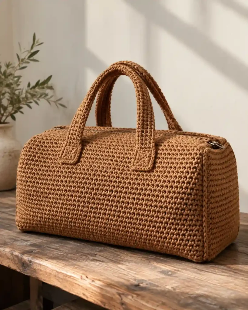 Rectangular Boston-Style Crochet Duffle showing a structured camel-brown rectangular crochet boston duffle with neat rectangular gussets and matching top carry handles against a softly lit cream wall..