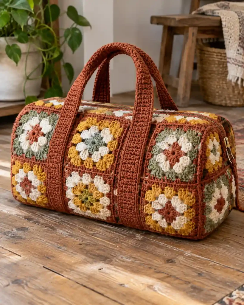 Granny Square Patchwork Duffle Bag showing a handmade granny-square rectangular duffle in rust.