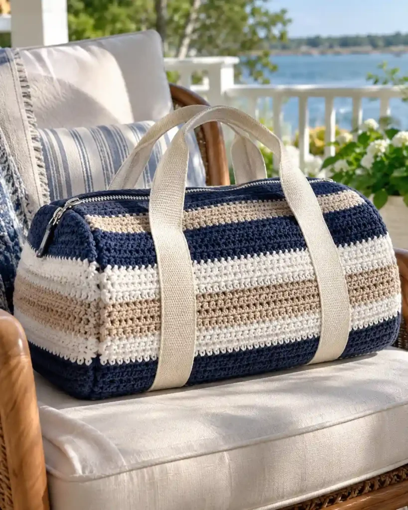 Striped Crochet Duffle Bag showing a navy-white-sand horizontally striped crochet duffle with neat repeating rows.