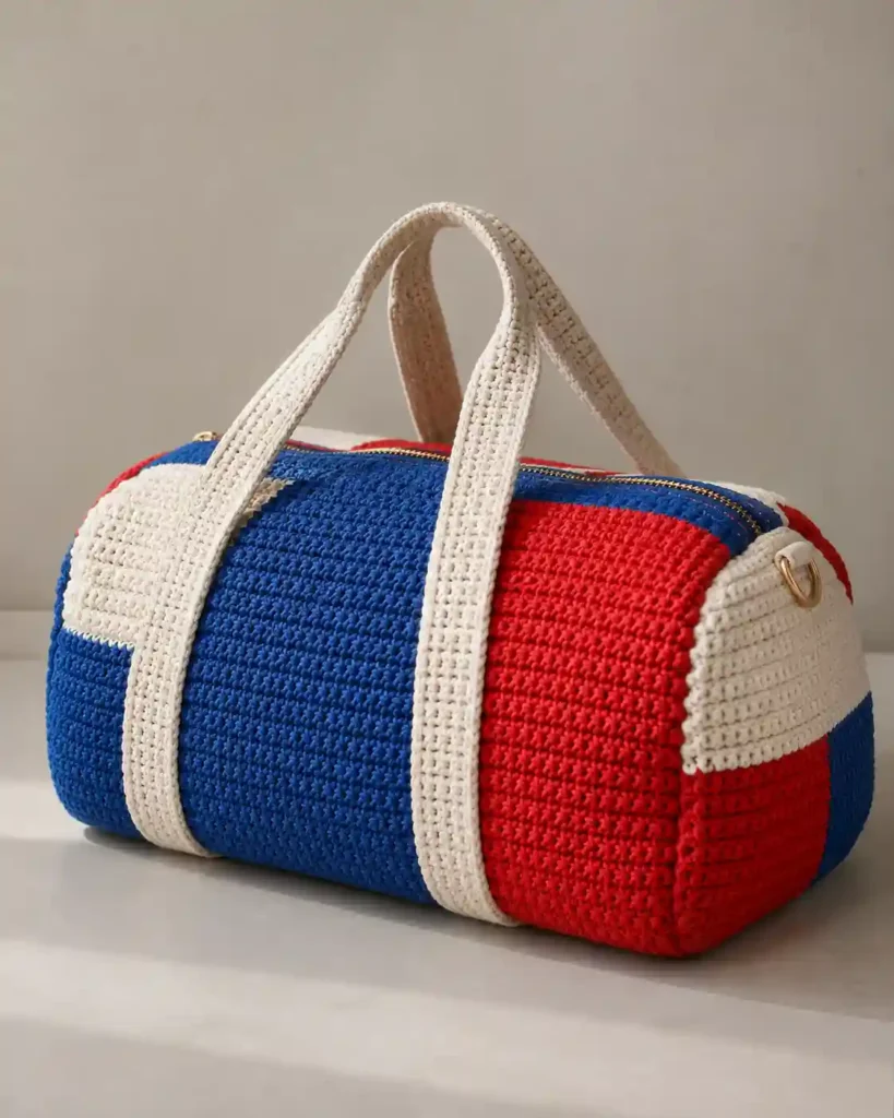 Modern Color-Block Crochet Duffle showing a contemporary crochet duffle made from bold cobalt blue.