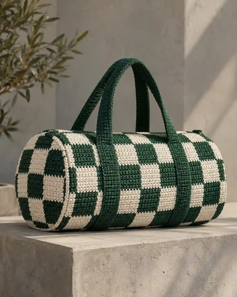 Checkerboard Crochet Duffle Bag showing a crisp forest-green-and-cream checkerboard crochet cylinder bag with a single clean side panel visible.
