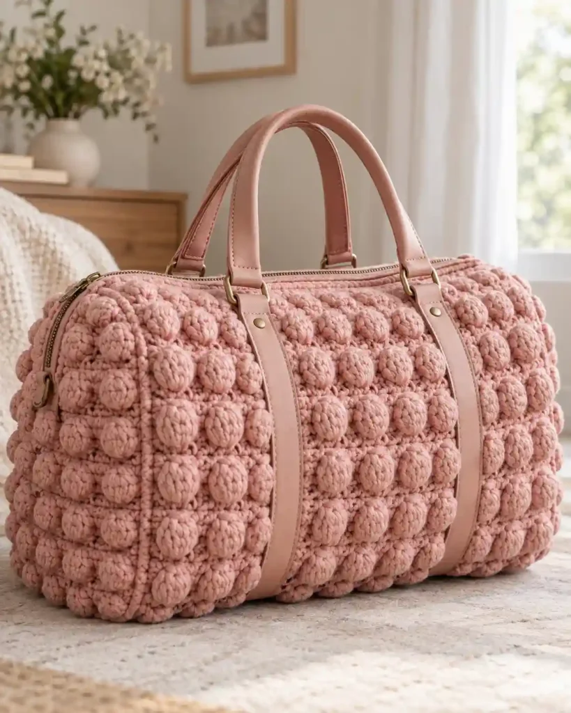 Bubble-Stitch Textured Crochet Duffel showing a blush-pink crochet duffle with bold evenly spaced rounded bubble stitches and smooth leather-look short handles.