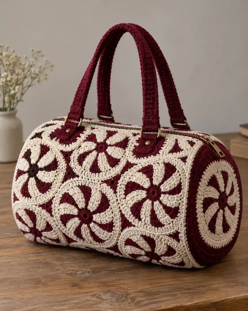 Catherine Wheel Crochet Duffle showing a cream-and-burgundy duffle displaying richly detailed catherine wheel crochet motifs.