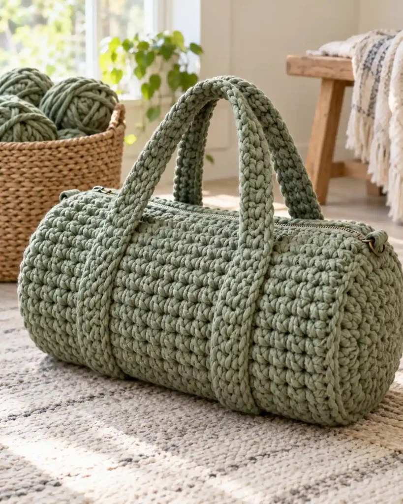 Chunky-Yarn Crochet Duffle Bag showing a chunky sage-green crochet cylinder duffle with thick pronounced stitches and stout handles.