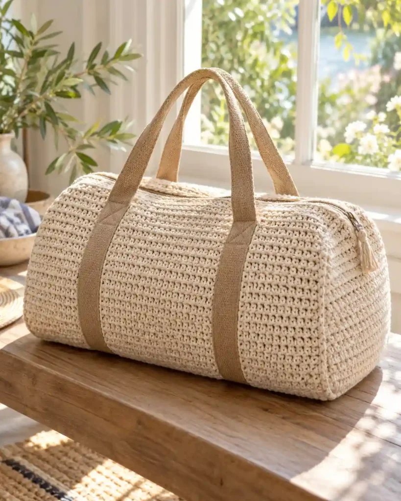 Lightweight Cotton Crochet Duffle showing a natural undyed cotton crochet travel bag with fine dense stitches and tan cotton handles near a sunny window with subtle summer foliage..