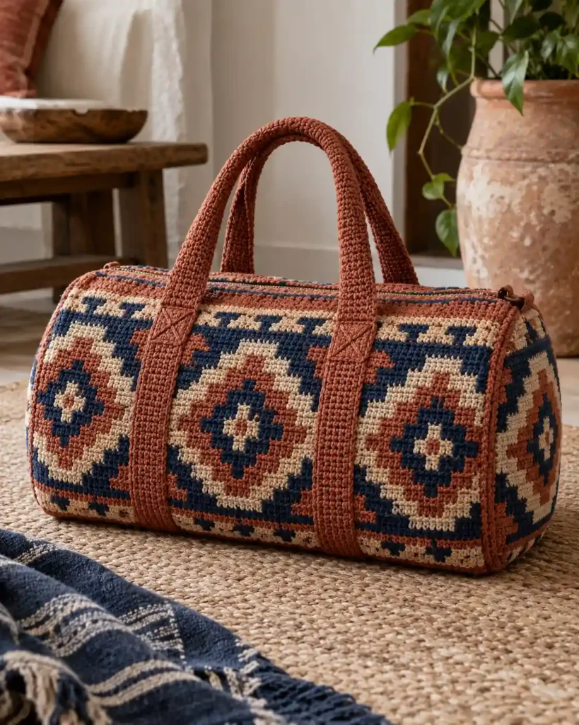 Boho Tapestry Crochet Travel Duffle showing a terracotta.