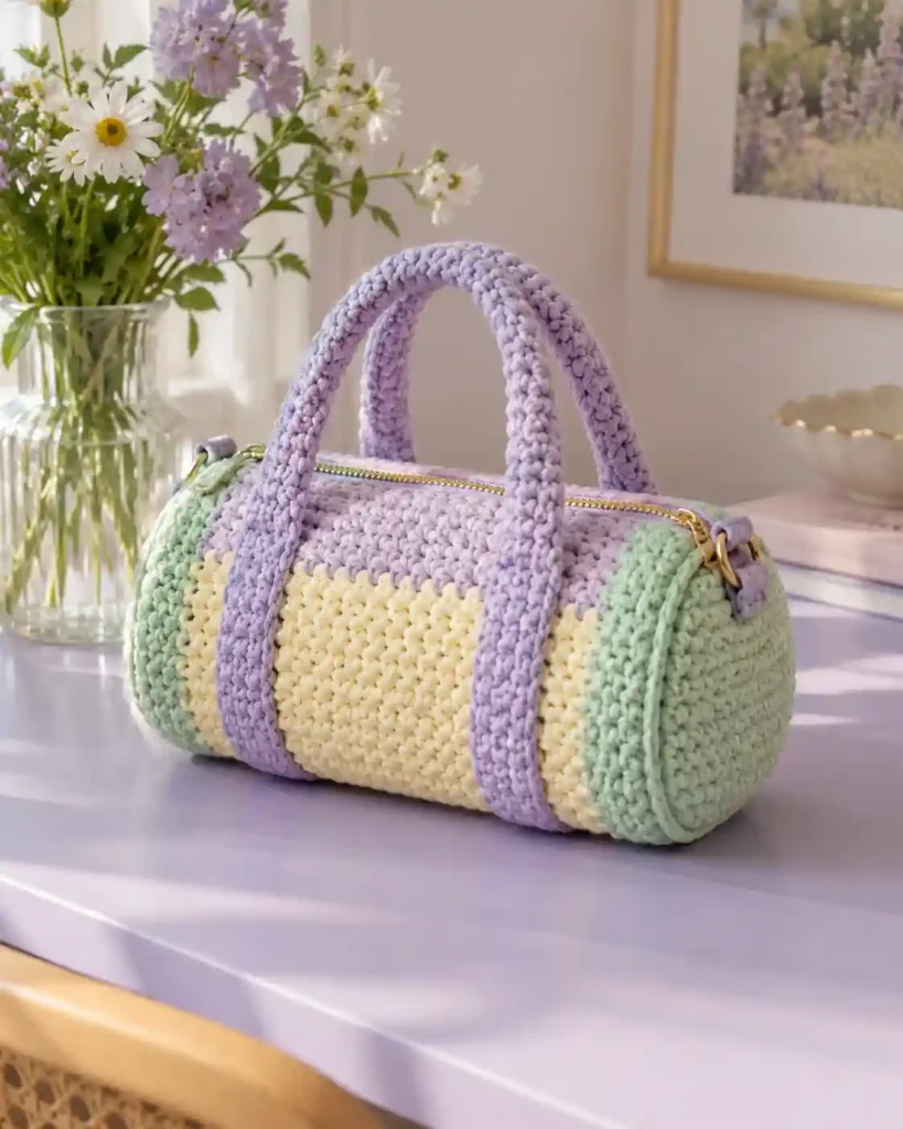 Soft Pastel Crochet Mini Duffle showing a lilac.