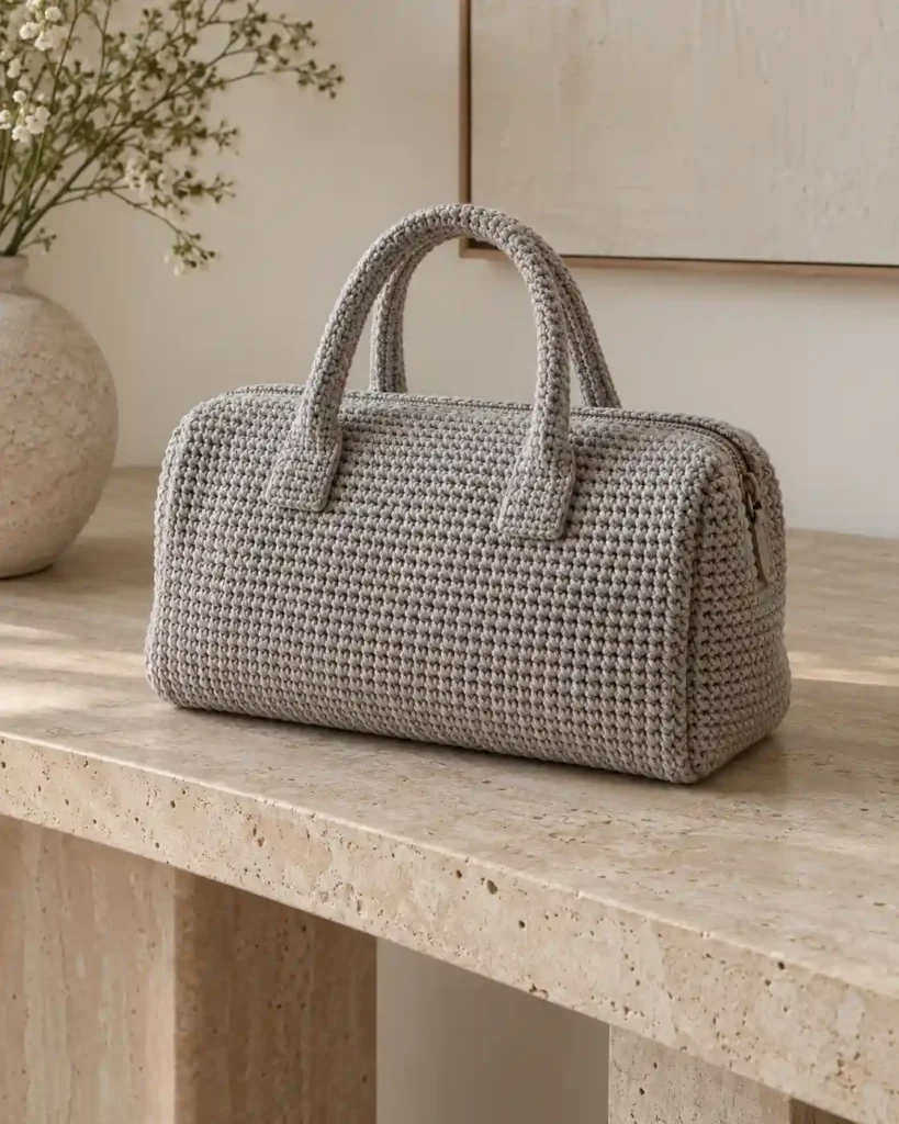 Neutral Minimalist Crochet Boston Bag showing a structured dove-gray crochet boston bag with tone-on-tone handles.