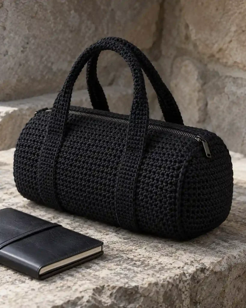 Black Everyday Crochet Duffle showing an all-black handmade crochet compact duffle with a matte metal zipper and subtle stitch texture beside a black leather notebook on stone..