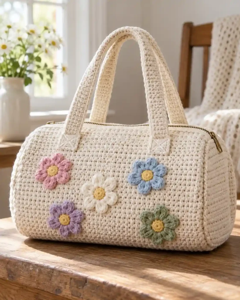 Floral-Appliqué Crochet Duffle showing a cream crochet duffle with five small hand-crocheted pastel daisy appliques arranged across its front.