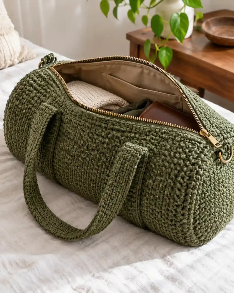 Zipper-Top Crochet Duffle Bag showing an opened moss-green crochet barrel duffle in three-quarter view highlighting a clean brass-colored zip track sewn straight along a smooth reinforced top edge..
