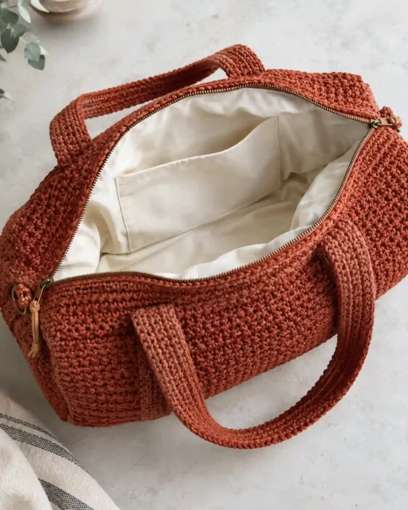 Fully Lined Crochet Duffle Bag showing a half-open rust-colored crochet duffle showing a neatly fitted ivory cotton fabric lining and an inside slip pocket.