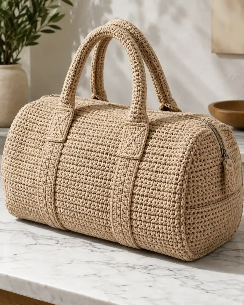Double-Rolled-Handle Crochet Duffle showing a sandy-beige crochet duffle in close three-quarter view with two padded rolled handles and stitched reinforced handle tabs under bright studio light..
