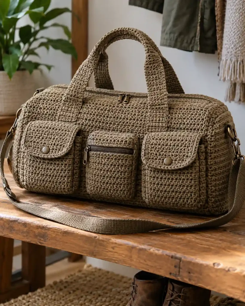 Multi-Pocket Cargo-Style Crochet Duffle showing a structured khaki crochet duffle with two flap pockets and a small zip front pocket.