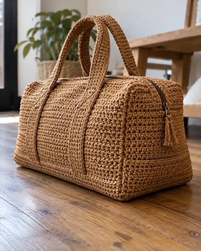 Flat-Bottom Reinforced Crochet Duffle showing a honey-brown crochet duffle seen from a low three-quarter angle that clearly shows a broad flat reinforced base and clean bottom corners.